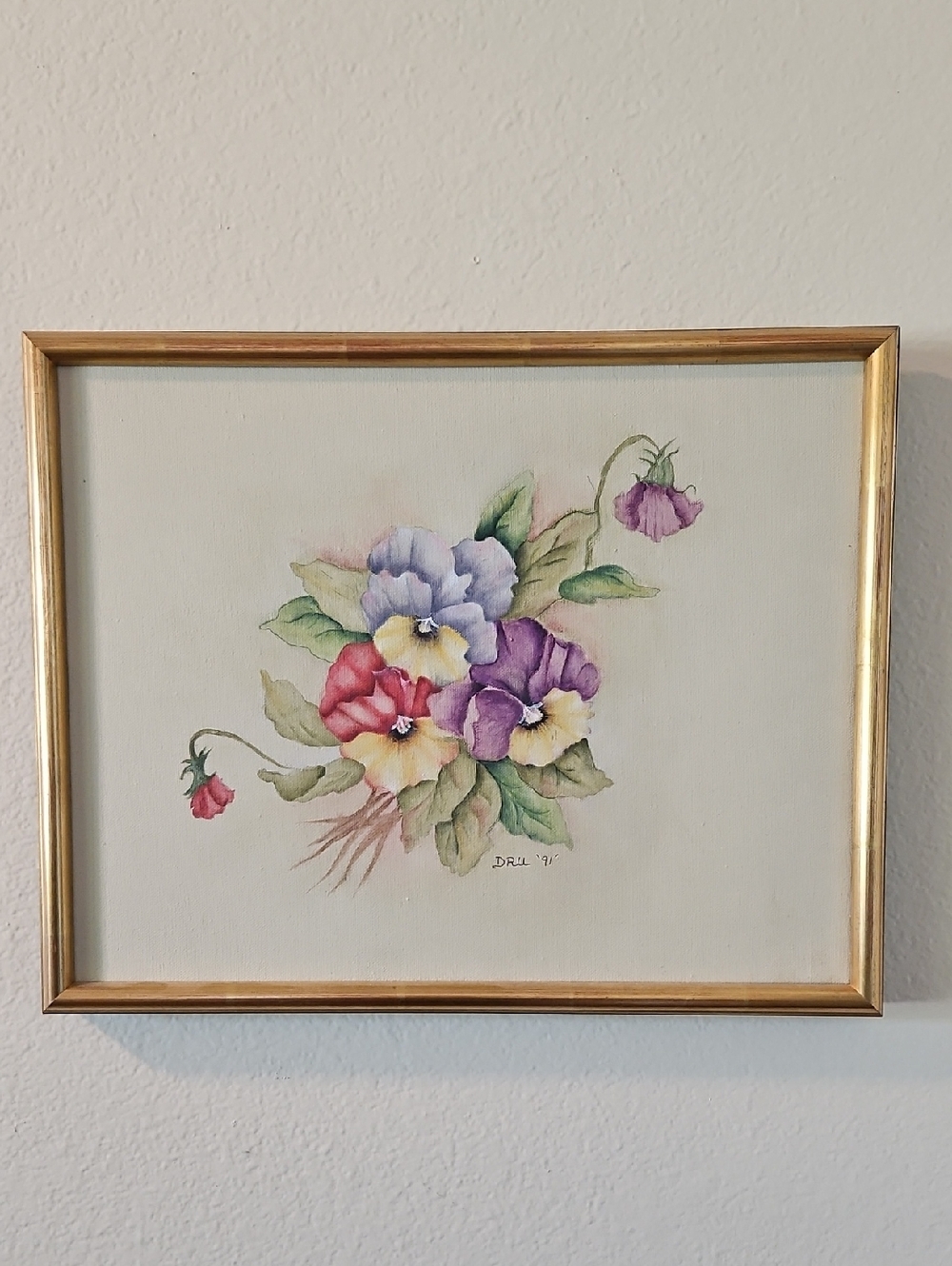 Art Collector - Framed 1991 Original Painting By DRU Delicate Pansy Arrangement